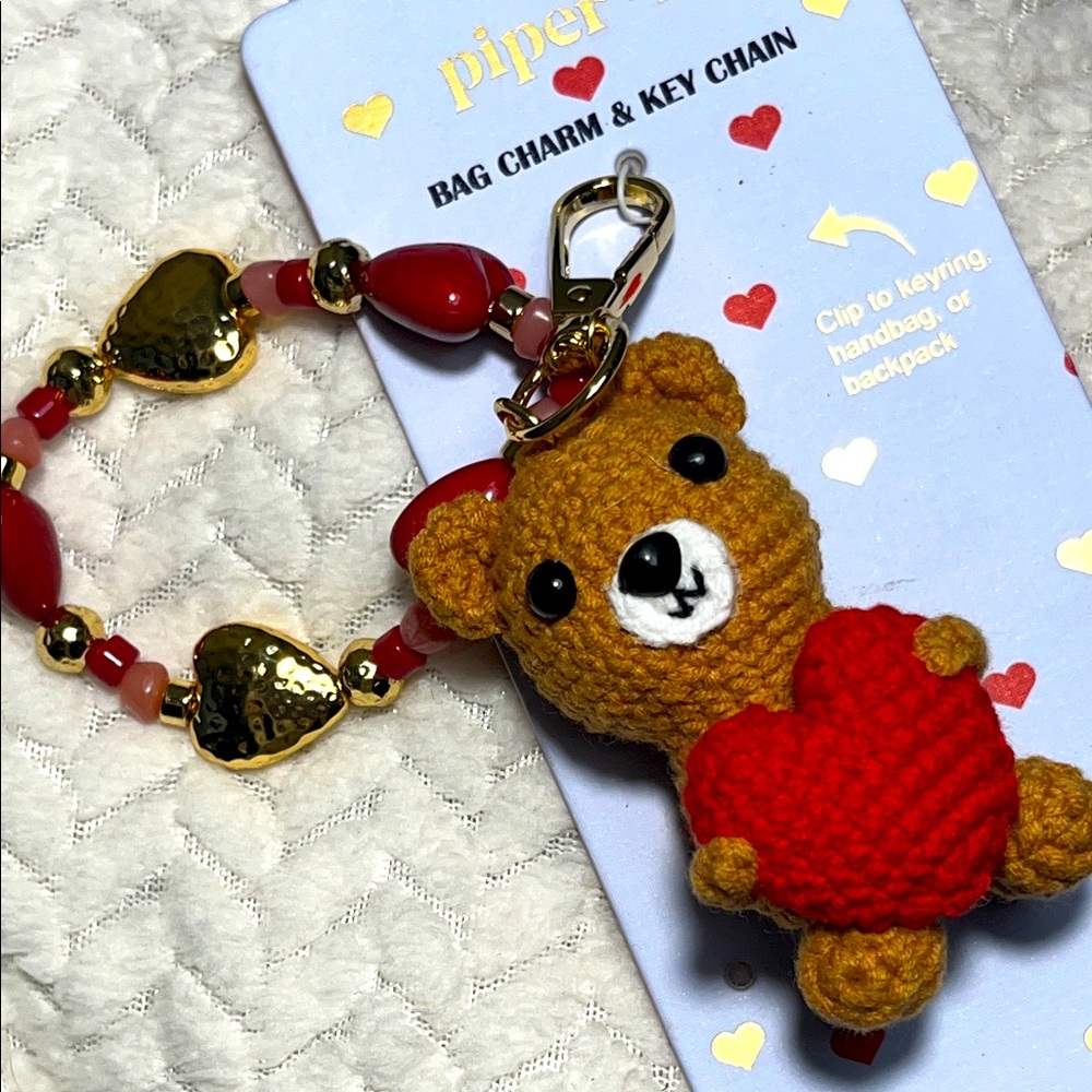 Piper Crochet Bear w Heart and Beads  keychain/bag charm